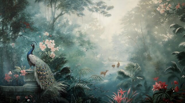 Vintage wallpaper of tropical forest with pastel hues, showcasing peacocks and bears in the background, oil painting. 