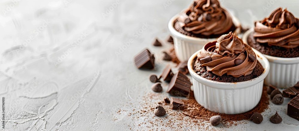 Poster spongy chocolate desserts like mug cakes and cupcakes with empty space for text in focus. copy space