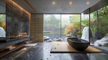 Contemporary Bathroom with Sleek Design and Serene Garden View