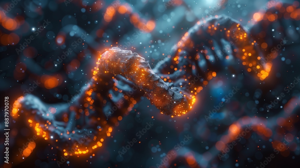 Poster a computer-generated image depicting a strand of dna, with a blue background and glowing orange part