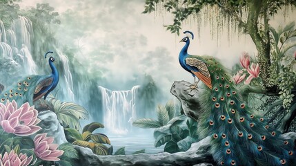 Naklejka premium Vintage wallpaper of tropical forest with peacocks and tree frogs, pastel color, oil painting style. 