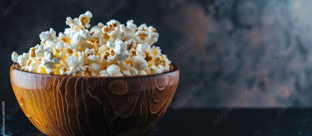 Poster a wooden bowl filled with popcorn is displayed on a dark background with space for additional images