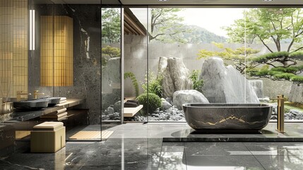 Contemporary Bathroom with Sleek Design and Serene Garden View