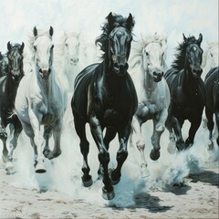 galloping black and white horses