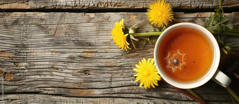 Poster dandelion medicinal tea with honey in a cup displayed on a wooden table with empty space for text or