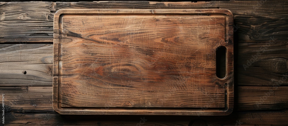 Poster top view of a cutting board on a wooden background with copy space image