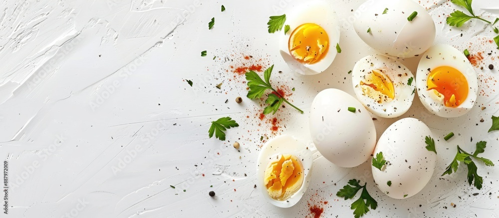 Poster eggs without any additional ingredients placed on a white backdrop creating a clear space for insert