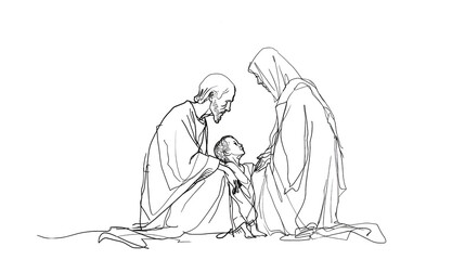 Fototapeta premium Continuous Line Sketch of Jesus Wrapping a Young Girl in a Traditional Robe on Transparent Background