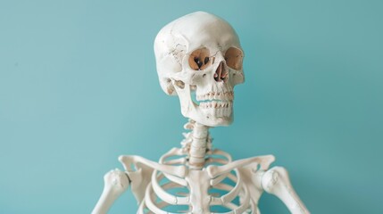 A white skeleton is standing in front of a blue wall