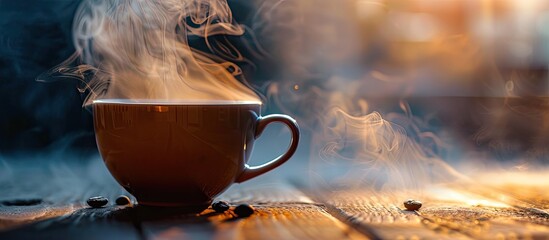 An image with empty space for duplication that showcases a steaming cup of coffee. Copy space image. Place for adding text and design