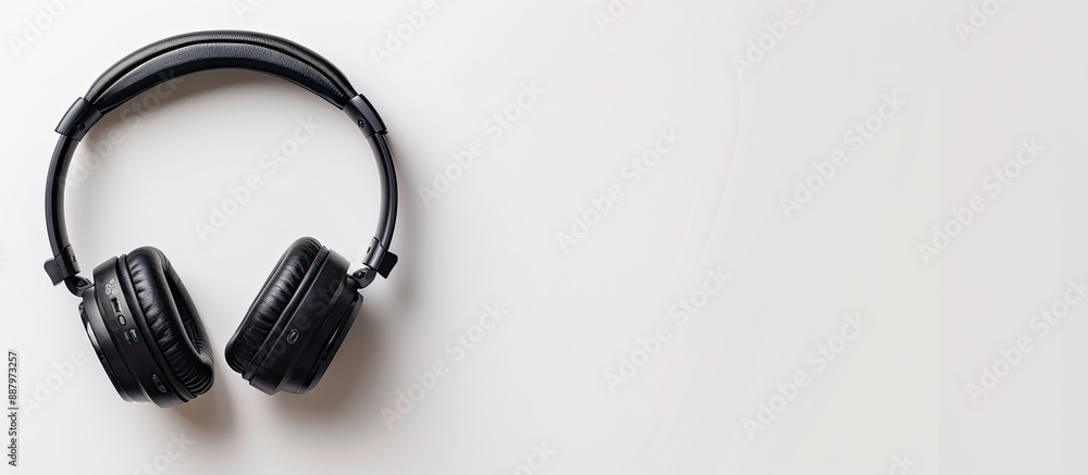 Poster top view of headphones on a white background with a blank space for text or images. copy space image