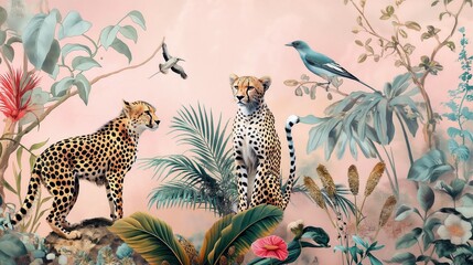 Obraz premium Vintage wallpaper of tropical rainforest with cheetahs and songbirds, pastel color, oil painting style. 