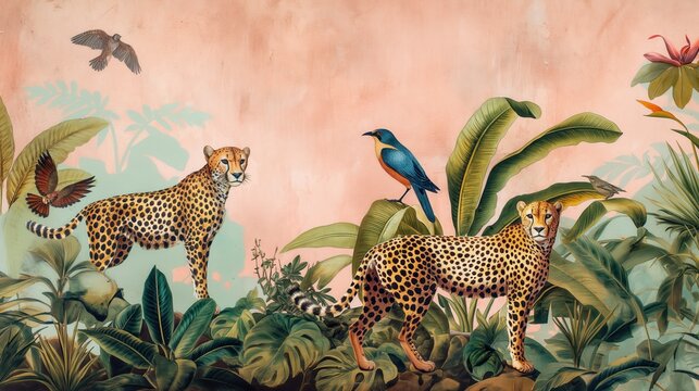 Vintage wallpaper of tropical rainforest with cheetahs and songbirds, pastel color, oil painting style. 