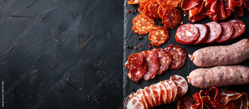 Poster a variety of meats like pancetta salami ham sausage prosciutto and bacon on a black background viewe