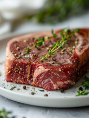 Fototapeta premium Raw ribeye steak seasoned with herbs and pepper on a plate.