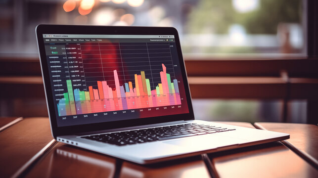 Screen computer laptop device, Displaying colorful website traffic metrics with graphs and analysis for rank of blog on internet online.