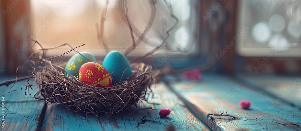 Poster easter themed image with selective focus on decorated eggs conveying easter vibes freely customizabl