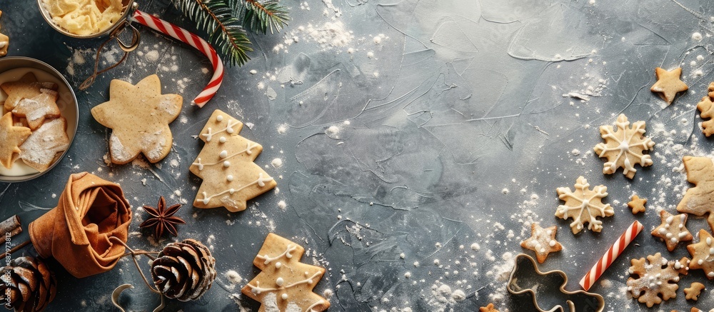 Poster creating christmas cookies with raw dough and cutters on a grey table with room for text in a flat l