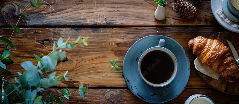 Poster top down view of a breakfast setting featuring coffee and a croissant on a wooden table providing am