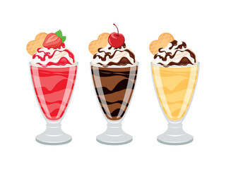 Ice cream sundaes various types vector illustration. Strawberry, chocolate and vanilla sundae with whipped cream, icing and wafer icon set vector isolated on a white background. Ice cream cup drawing
