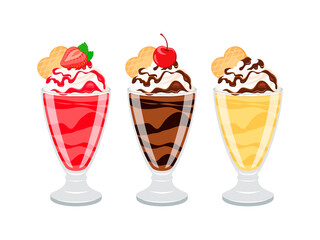 Ice cream sundaes various types illustration. Strawberry, chocolate and vanilla sundae with whipped cream, icing and wafer icon set isolated on a white background. Ice cream cup drawing