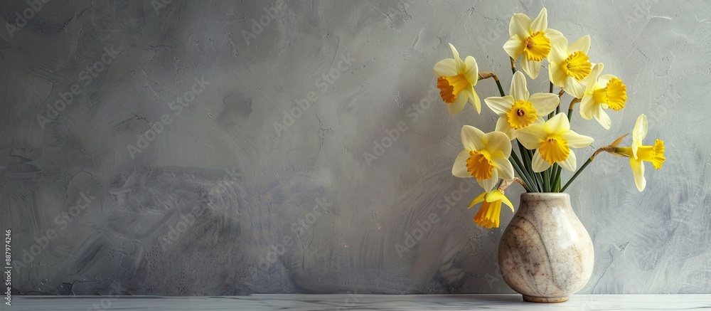 Poster daffodils in a vase placed on a marble table with copy space image