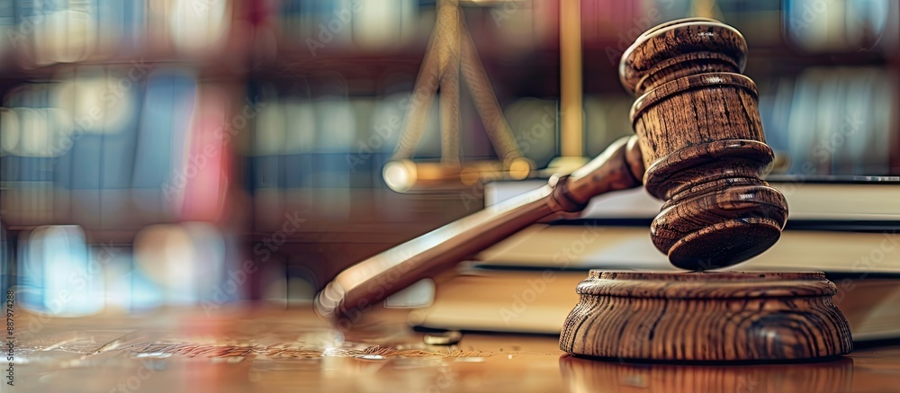 Poster close up of a wooden gavel and books on a table with a blurred background ideal for a copy space ima