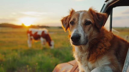 Obraz premium Closeup: pet dog on old car, cows eating grass in the background, countryside vibe.