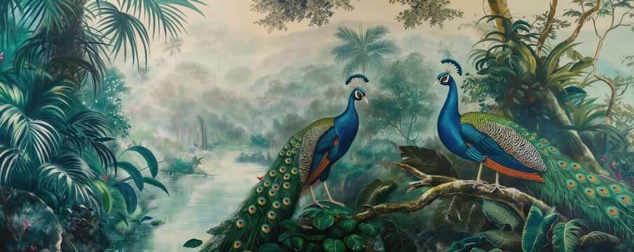Vintage wallpaper of tropical rainforest with peacocks and tree frogs, pastel color, oil painting style. 