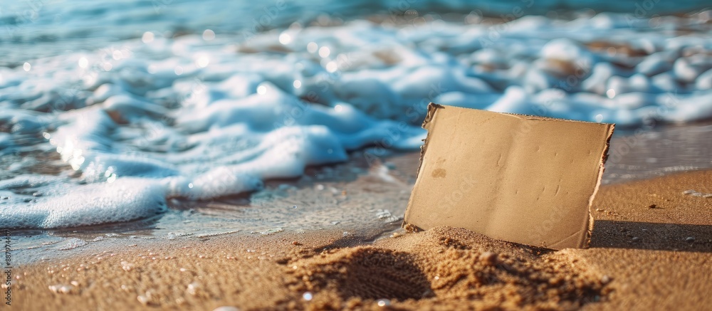 Aufkleber close up of text mock up on cardboard paper placed on a sandy beach with waves in the background fea