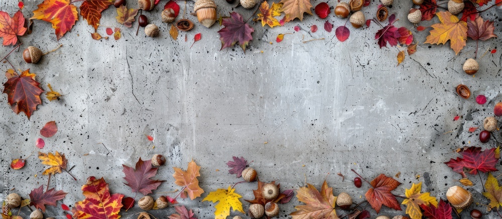 Poster a fall themed border featuring colorful leaves acorns and walnuts on a textured gray concrete backgr