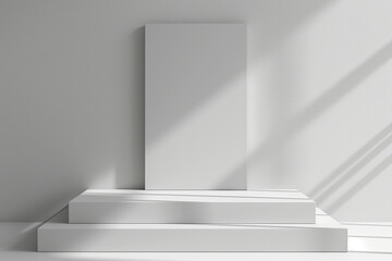 Fototapeta premium White empty podium against a white wall. Two rectangular steps in the form of a podium, stages for product presentation.