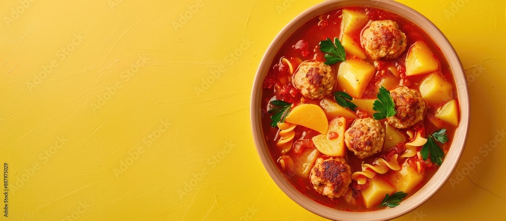 Sticker View from above of a bowl with soup featuring chicken meatballs potatoes and pasta set on a yellow backdrop suitable for a banner with space for additional imagery