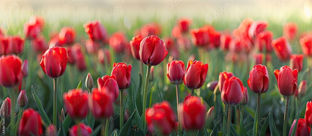 Poster a picturesque spring scene of a lush field full of vibrant red tulip flowers with ample copy space f