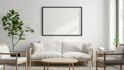 mockup of an empty black frame on the wall in a living room with a white sofa, wooden armchairs and coffee