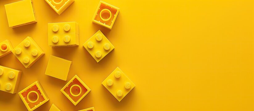 Bright yellow plastic building block set against a yellow backdrop with a detailed plastic surface providing a vibrant spare part for toys with a copy space image