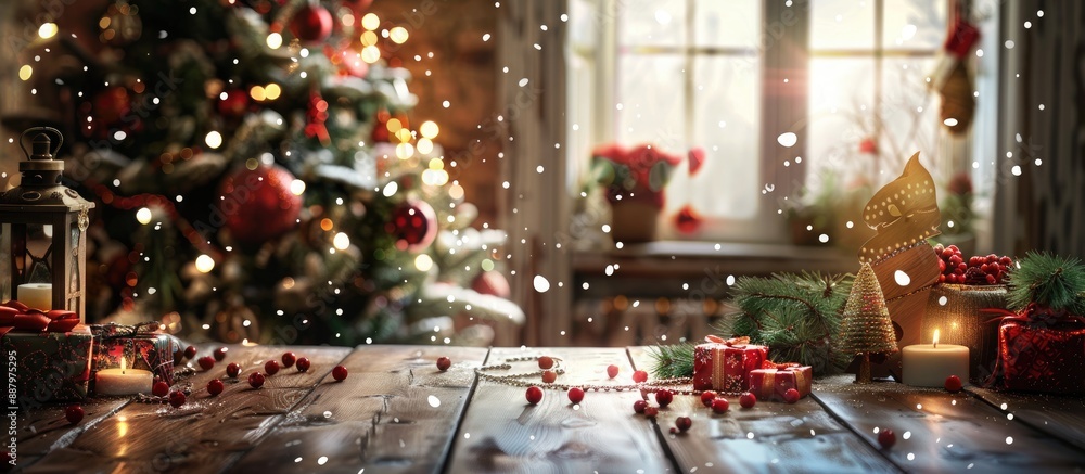 Poster a festive christmas scene displayed on a table with a decorated tree in the background ideal for use