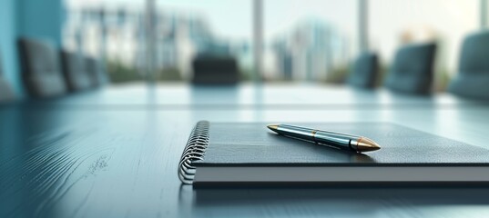 A pen and notebook on the table in front of an office boardroom, blurred background, blue tones, close up.