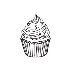 Beautiful realistic tasty cupcake with cream and silver decoration in in black isolated on white. Hand drawn vector sketch illustration in doodle engraved vintage line art style. Dessert, bakery