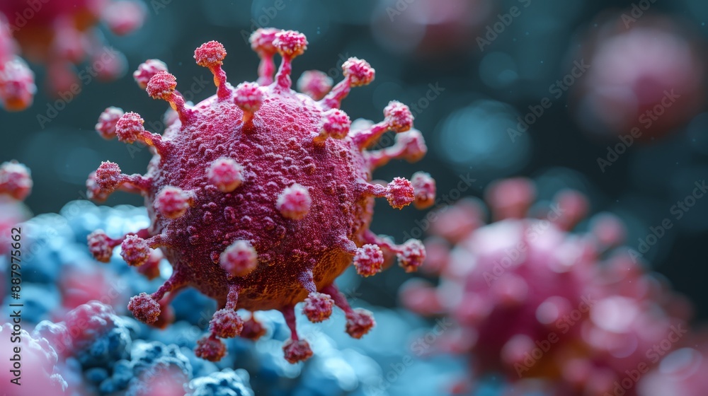 Poster a close-up microscopic image depicting a virus attaching to and infecting a host cell.