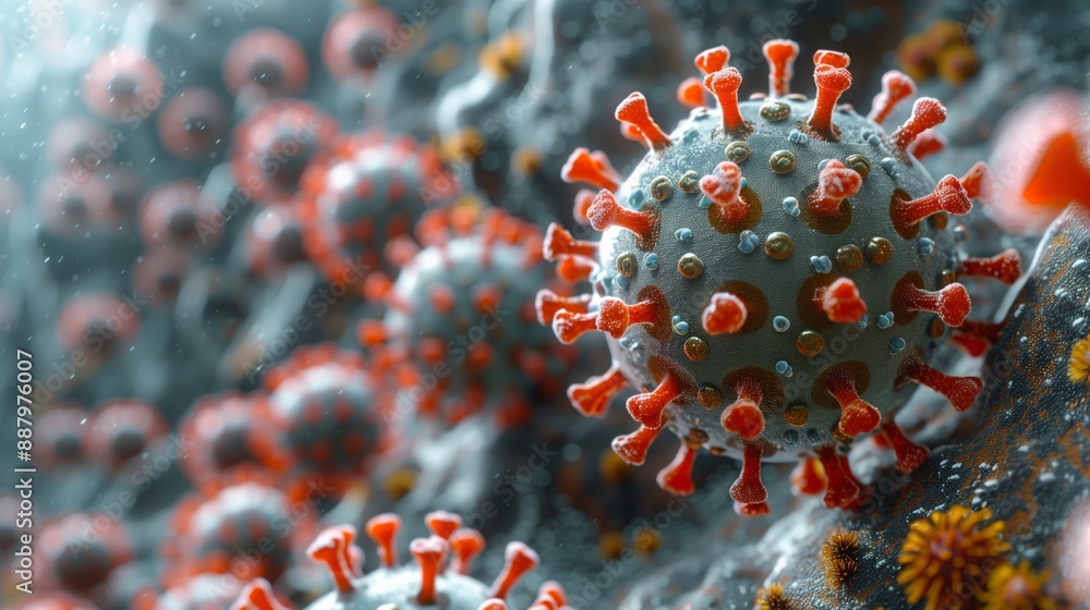 Poster a microscopic image showcasing a virus attaching to a host cell, highlighting the intricate details 