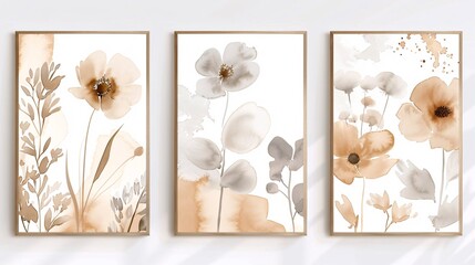 Three contemporary abstract art posters with minimalistic watercolor flower designs, arranged horizontally on a white wall. The designs feature airy floral patterns with soft watercolor washes in a