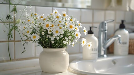 white bathroom countertop, ceramic sink, white subway tile backsplash, fresh daisies in vase, baby's breath flowers, bathroom toiletries, soap dispenser bottles, natural light.