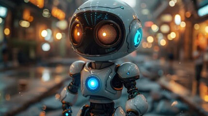 A cute robot with glowing eyes stands in a futuristic city street, capturing the essence of advanced technology and innovation.