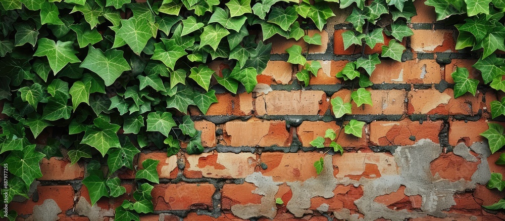Poster ivy climbing on a brick wall creating a charming composition with copy space image