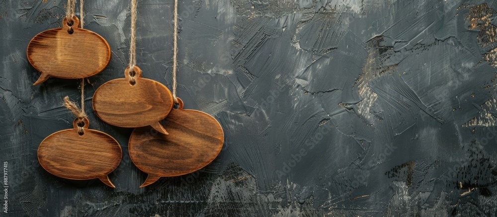 Poster wooden speech bubbles hanging on a string against a vintage background with copy space image