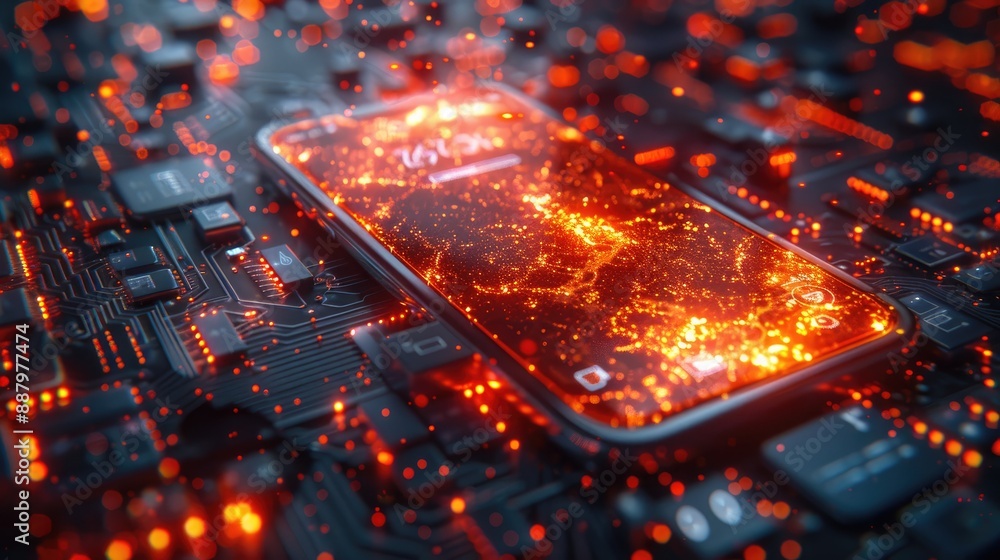 Aufkleber close-up of a smartphone with a glowing screen surrounded by circuit board components, representing 