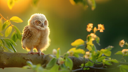 Obraz premium Adorable Baby Owl Perched on Branch in Bright Sunshine Amidst Lush Greenery and Golden Glow