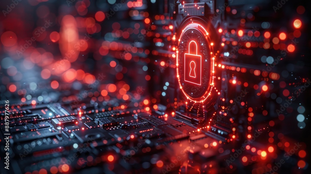 Aufkleber cybersecurity concept with a digital lock icon glowing in a dark, futuristic microchip environment, 