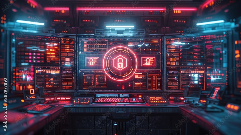 Poster futuristic cyber security control room with neon lights and digital displays, enhancing data protect